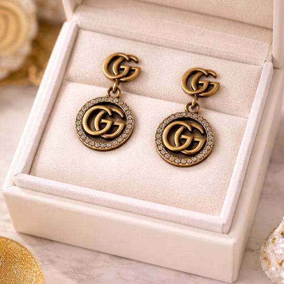Fashion Jewelry Jewelry - Luxury Antique Gold Rhinestone-Trim Double G Drop Earrings